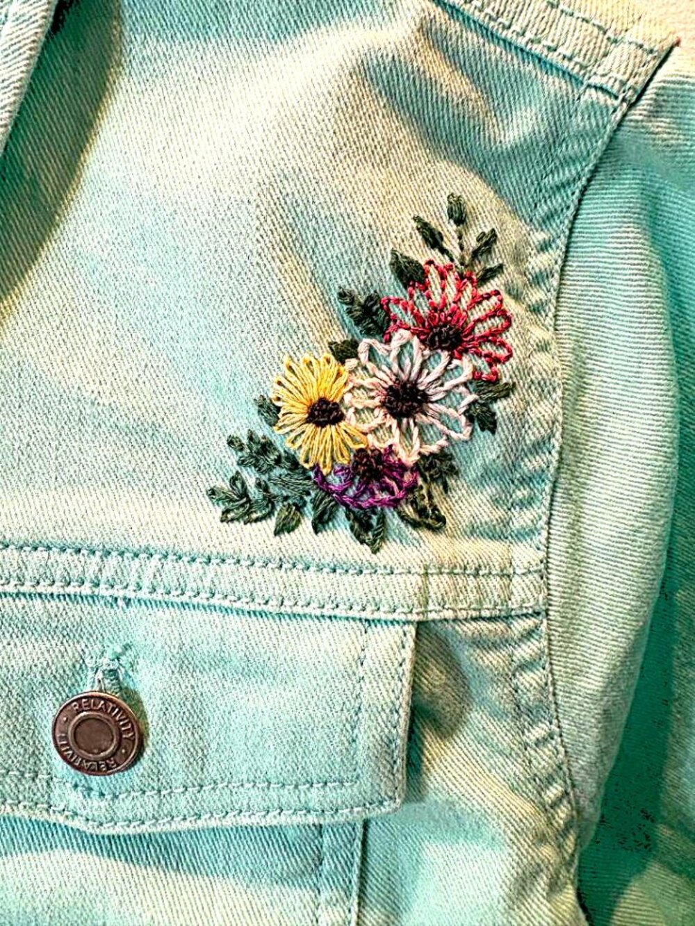 Women's Plus size Bohemian Hand Embroidered Frayed Mint Green Denim Jacket XXL - Picture 5 of 9